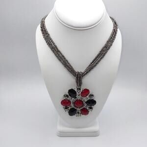 Chunky Boho Red, Black and Silver-Toned Statement Necklace
